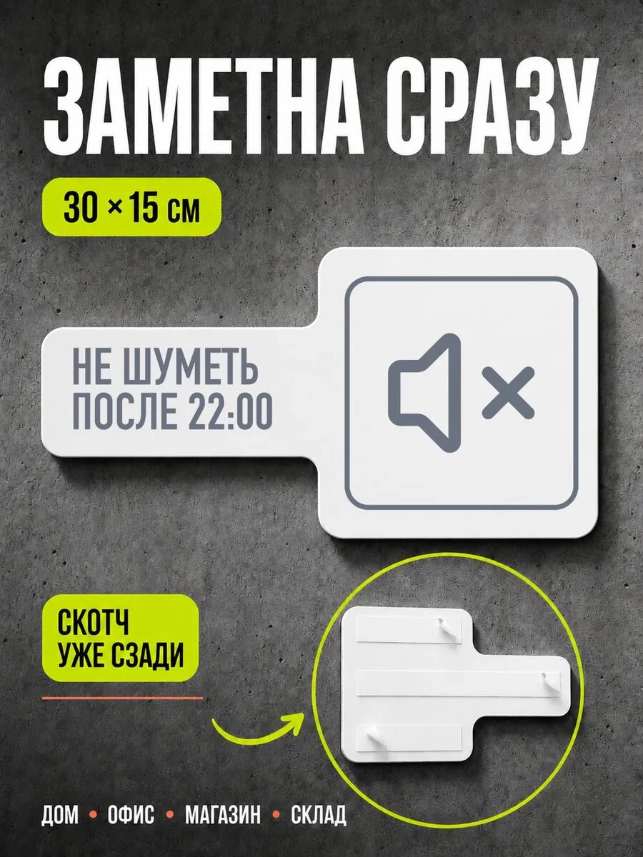 Табличка Не шуметь после 22:00 30×15 см, серая, серый, PETG, на двустороннем скотче
