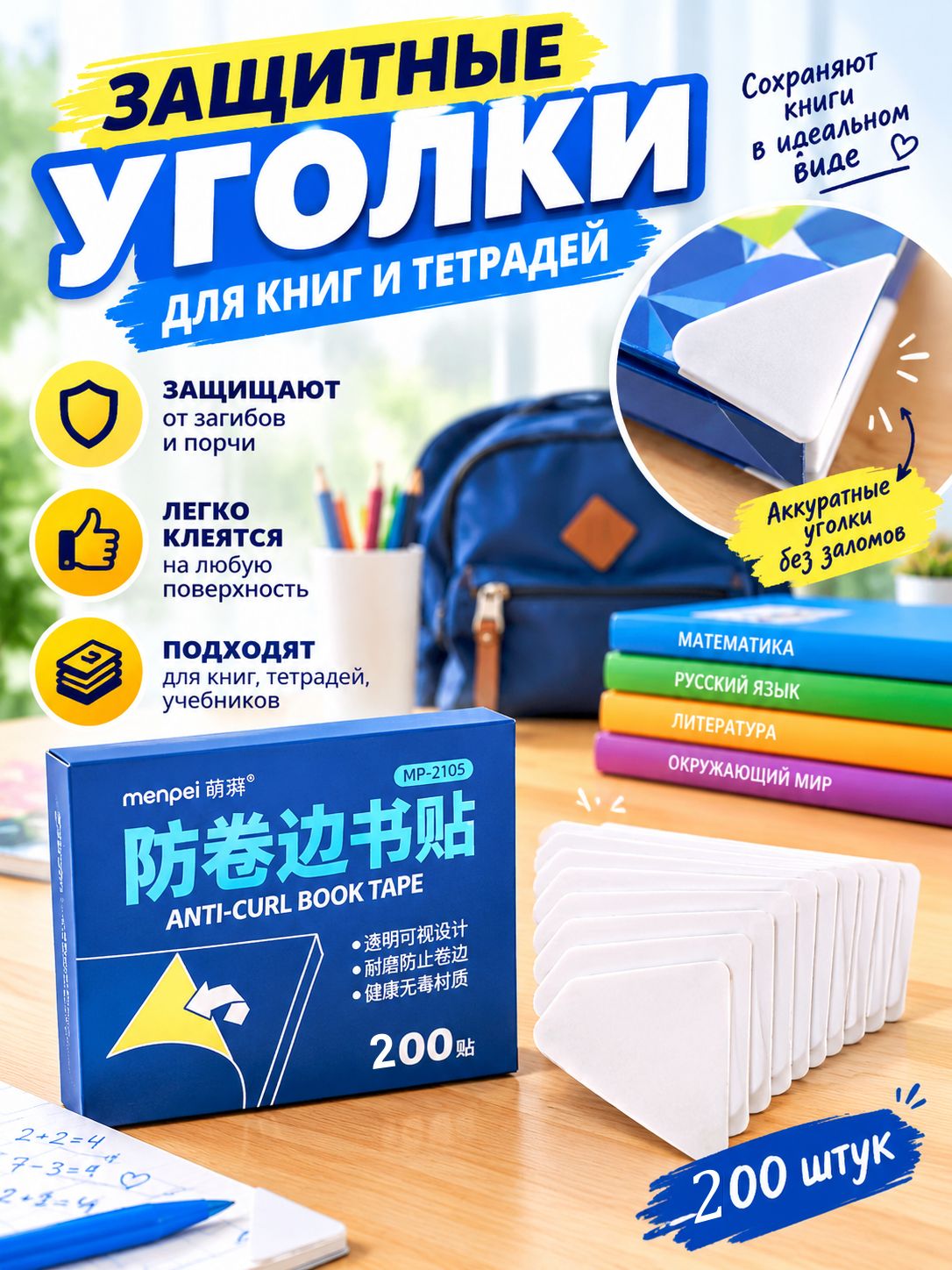 Защитные уголки для книг наклейки от загибания страниц и обложек 200 ШТ.