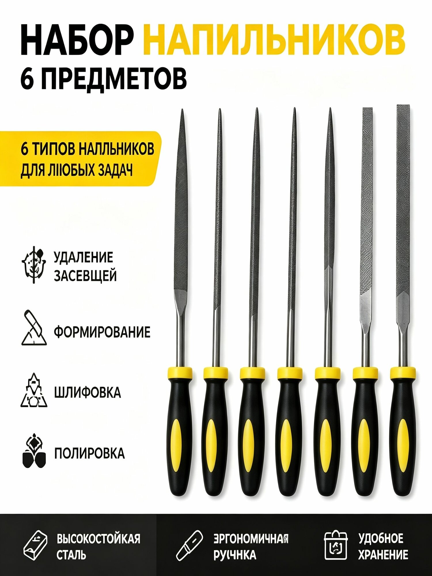 Надфили по металлу набор, 6 шт, 3х140 мм