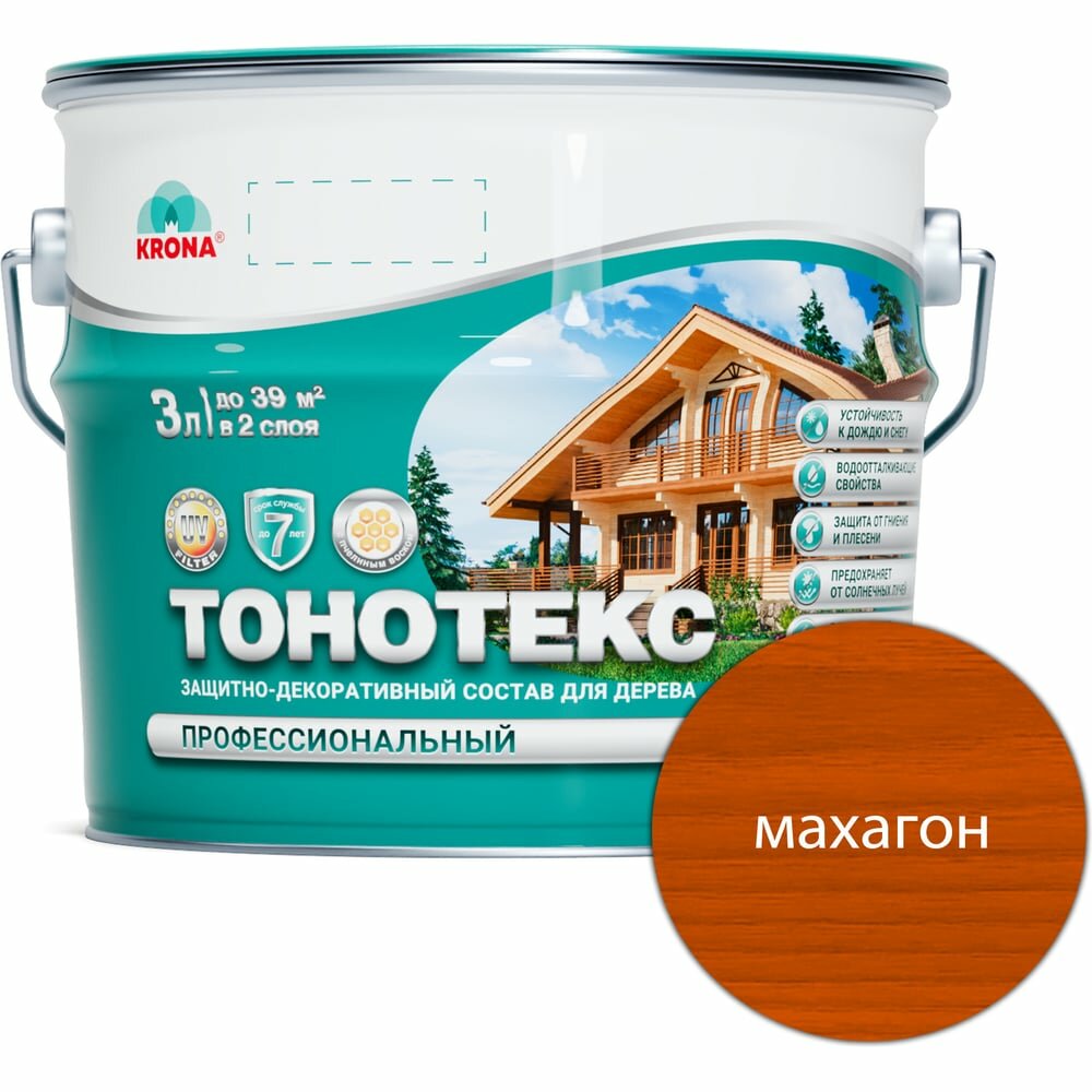 Защитно-декоративный состав для дерева KRONA Тонотекс (махагон; 3 л) 66337504