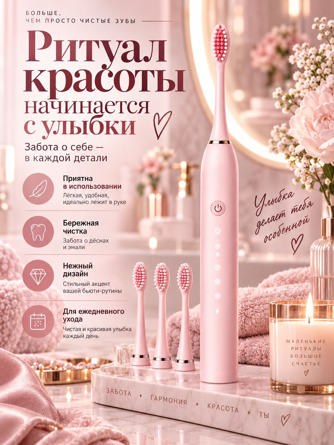 Электрическая зубная щётка со сменными насадками в комплекте
