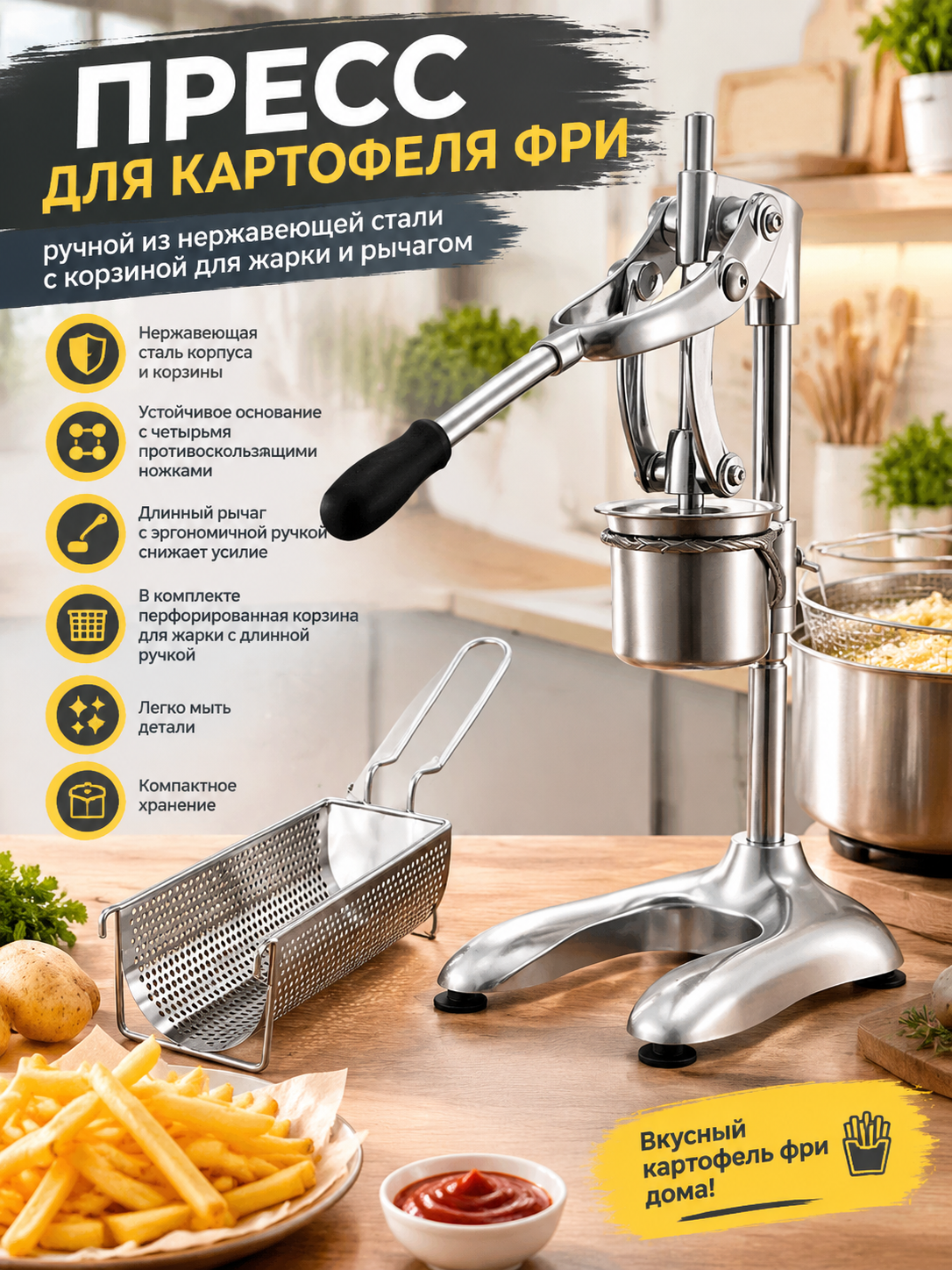 Пресс для картофеля фри ручной из нержавеющей стали с корзиной для жарки и рычагом