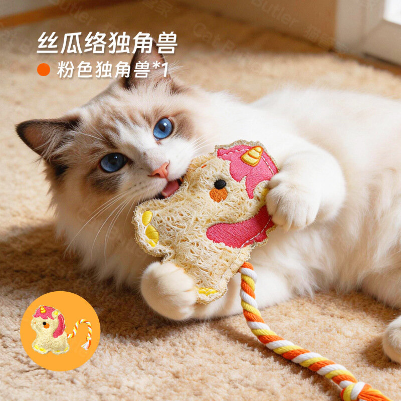 Натуральная игрушка из люфы для кошек, прочный зубной жевательныйStick, развлечение, снятие стресса, дизайн единорога,