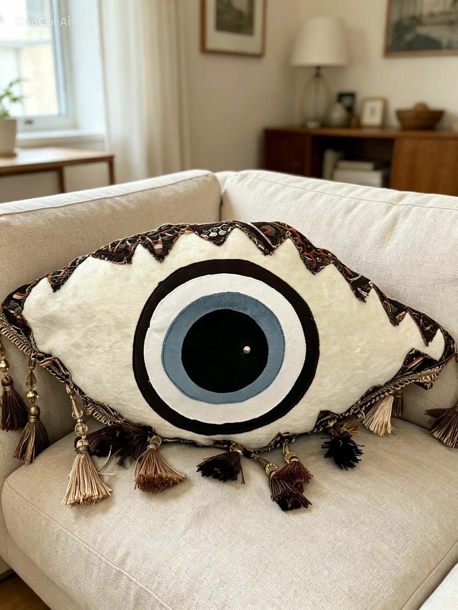 Декоративная подушка глаз , око 30*50 см из гобелена и велюра с бахромой