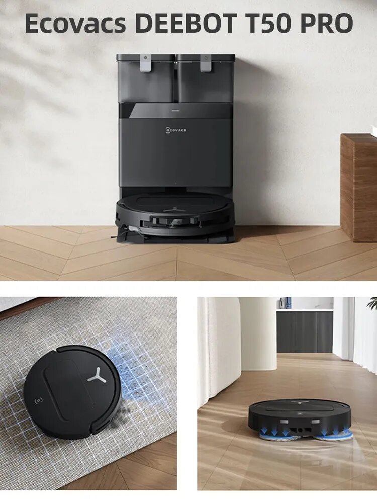 ECOVACS Робот-пылесос DEEBOT T50 PRO Omni Русская версия, голосовое управление, станция 10-в-1, мощное всасывание 15000 Па, Батарея емкостью 6400 мАч, черный