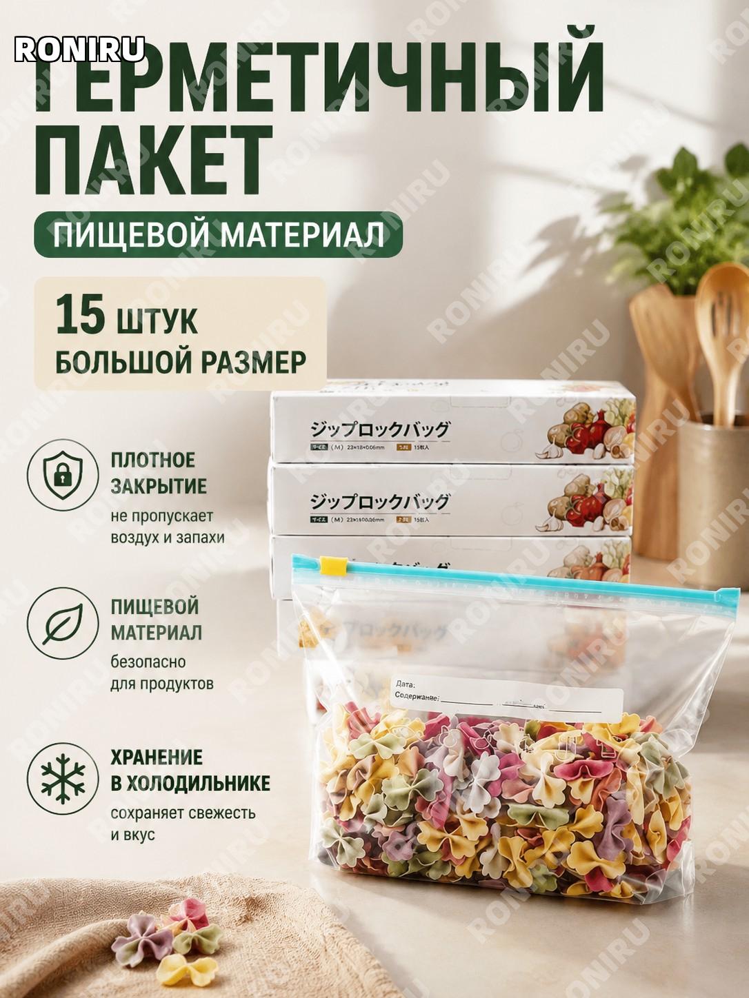 Пакеты для хранения продуктов зиппер большие, пищевой материал, герметичные без смешивания запахов 15 шт/1 коробка