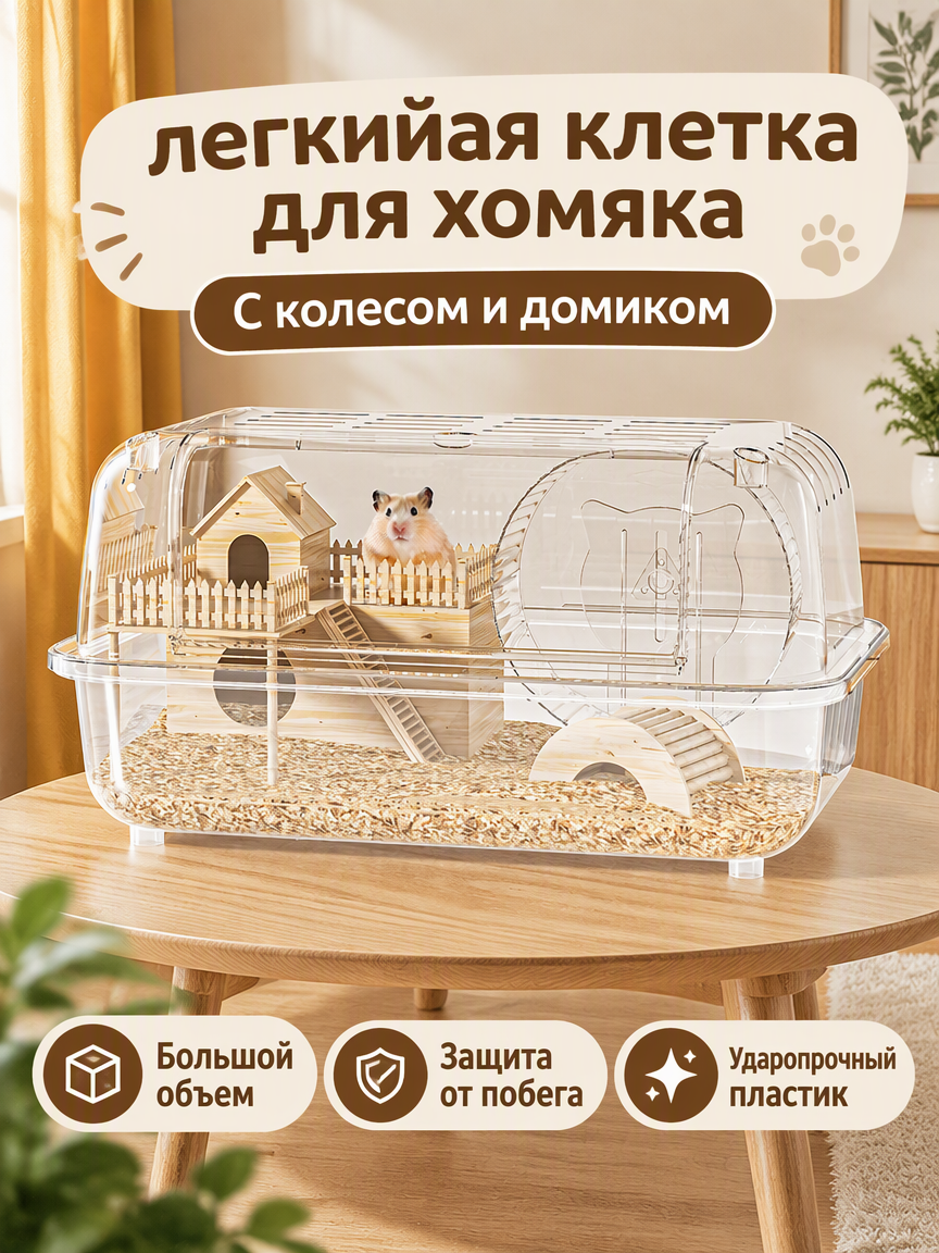 Прозрачная пластиковая клетка для хомяков с ванной, кормушкой и беговым колесом, полный набор аксессуаров для комфортного содержания мелких грызунов