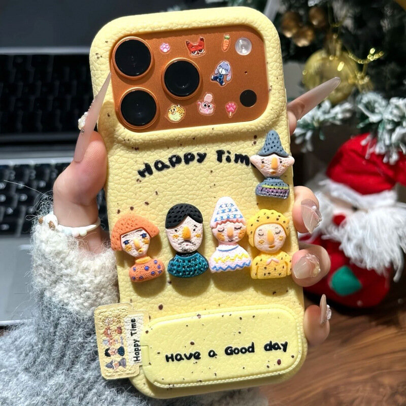 3D-фигурка Кожаный Зеркальный Подставка Защитный Чехол для iPhone 16 - Желтое Основание