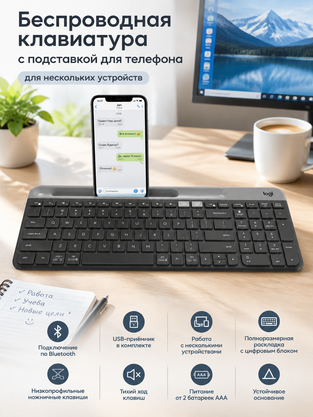 Беспроводная клавиатура с подставкой для телефона, черная, полноразмерная, для нескольких устройств