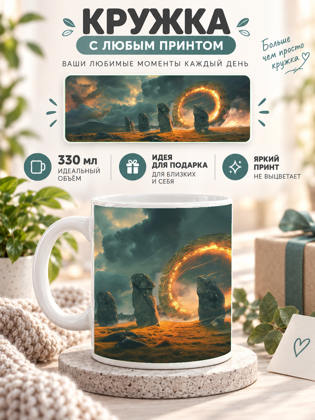 Кружка MoodRoom с принтом, 330 мл, керамика, глянцевая поверхность, белая с принтом fantasy monolith portal, MUG3302524