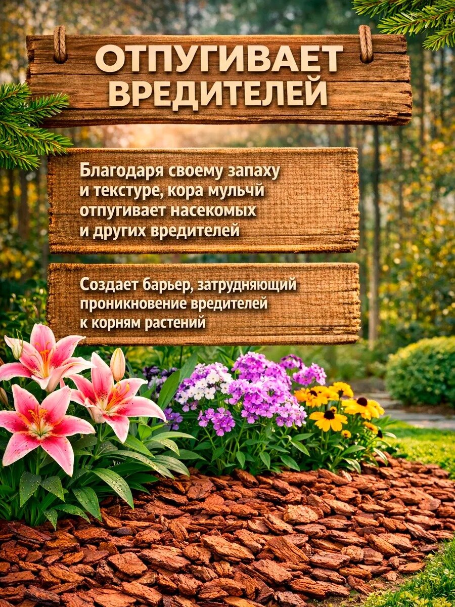 Мульча из коры лиственницы байкальской фракция средняя 2-5 см комплект из 20 мешков по 60 л Экоторг — фото 1