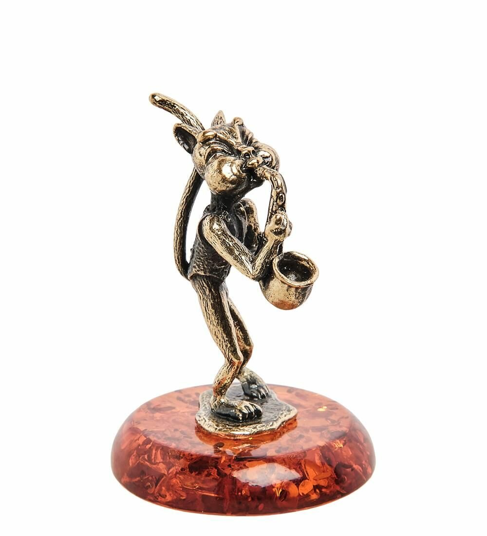 Фигурка Кот с саксофоном (латунь, янтарь) AM-1039 Народные промыслы Бронза, латунь, реструктурированный янтарь