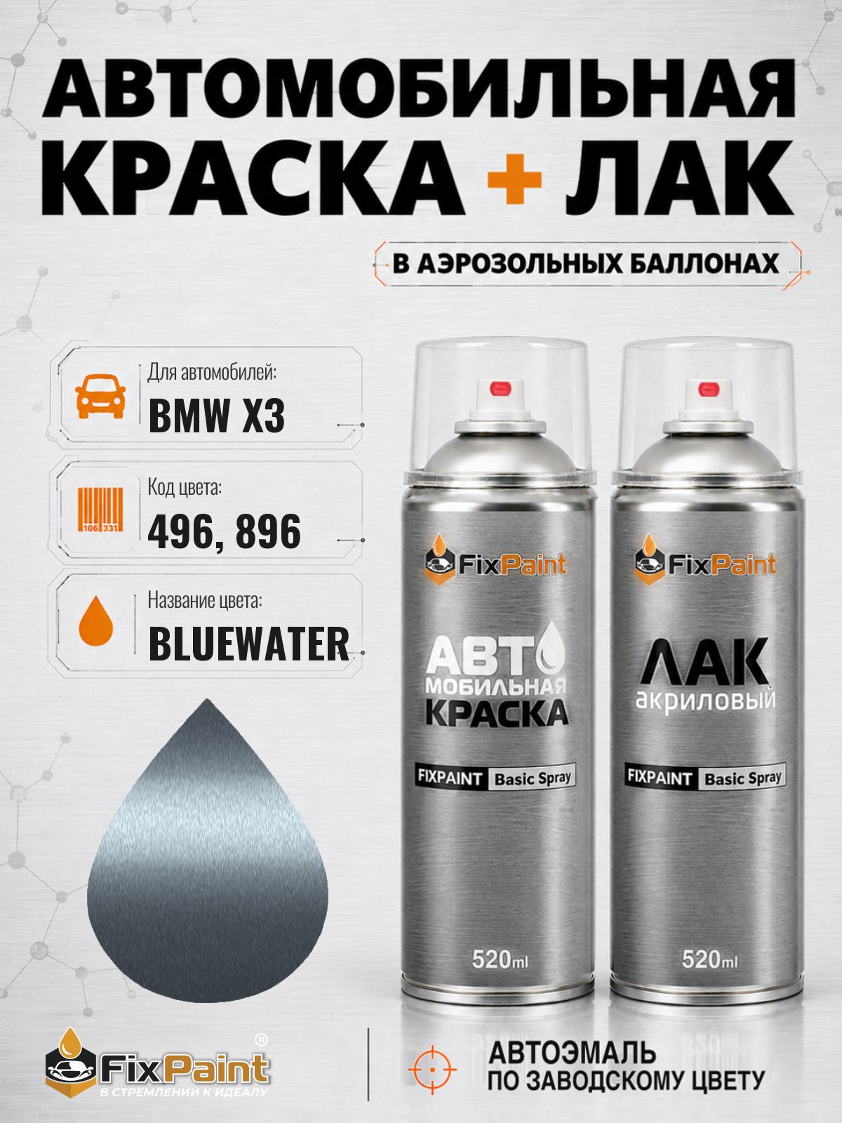 Краска и лак для BMW X3, код 496, 896, BLUEWATER, автомобильная эмаль базовая и акриловый глянцевый лак FixPaint в аэрозольных баллонах 520 мл