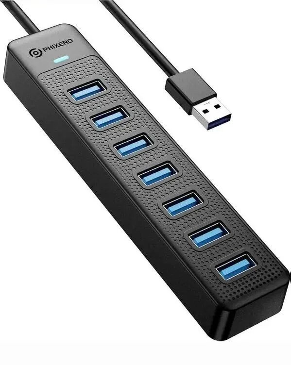 USB-хаб PHIXERO 7 портов USB 3.0 с длинным кабелем 0.15м 5V3AПорт питания USB-C, Подключи и работай
