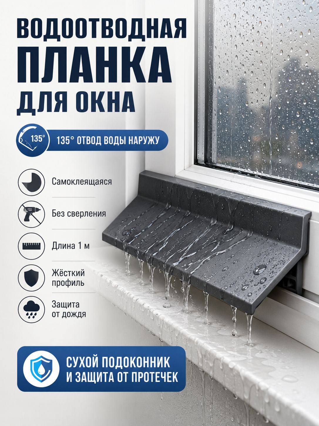 Водоотводная планка для окна 1 м самоклеящаяся, защита от дождя и отвода воды, дождевой щиток для подоконника