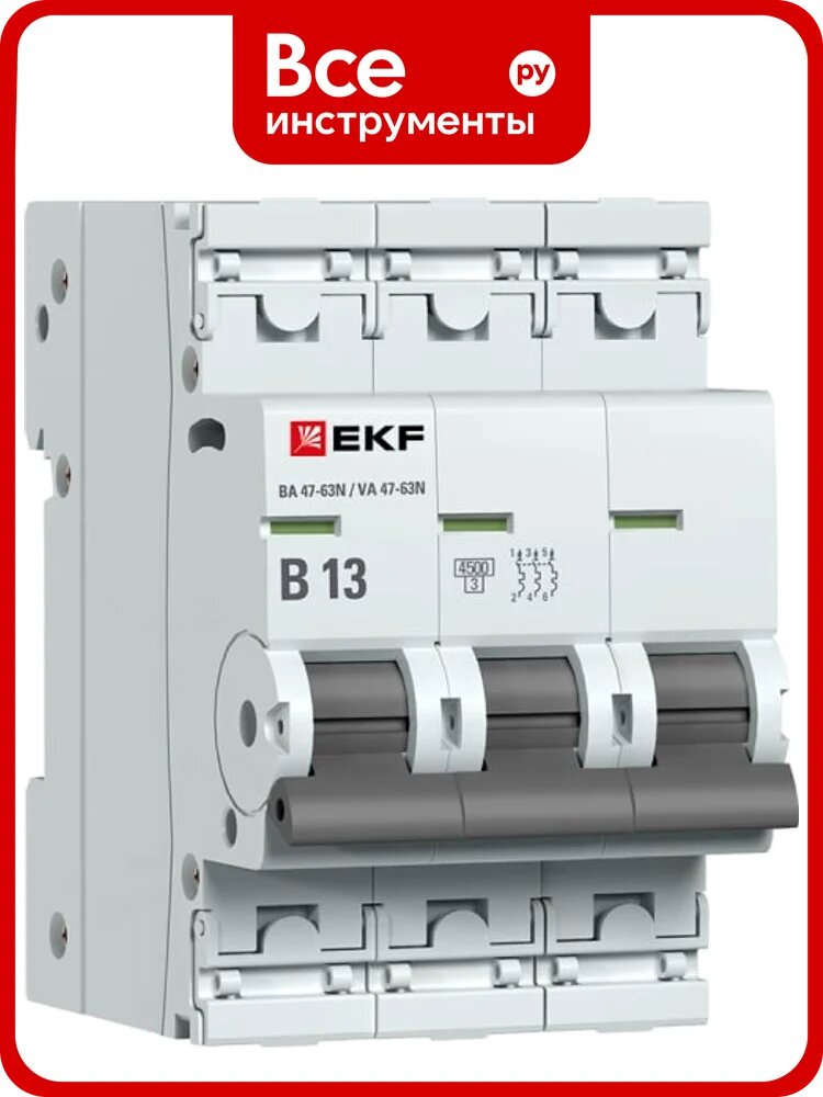 Автоматический выключатель EKF ВА 47-63N 3P 13А (B) 4,5 кА PROXIMA M634313B
