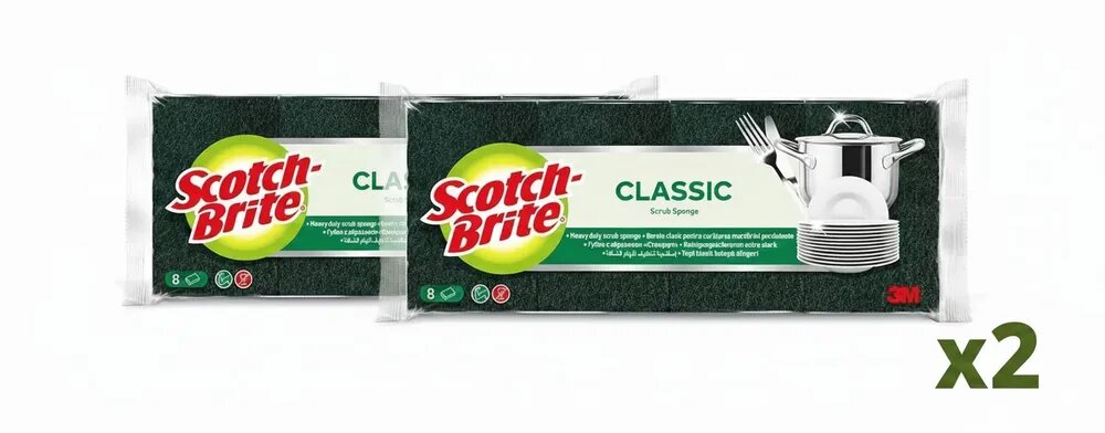 Губки для мытья посуды 3M Scotch-Brite Classic, абразивные, 16 шт. (2 упаковки по 8)