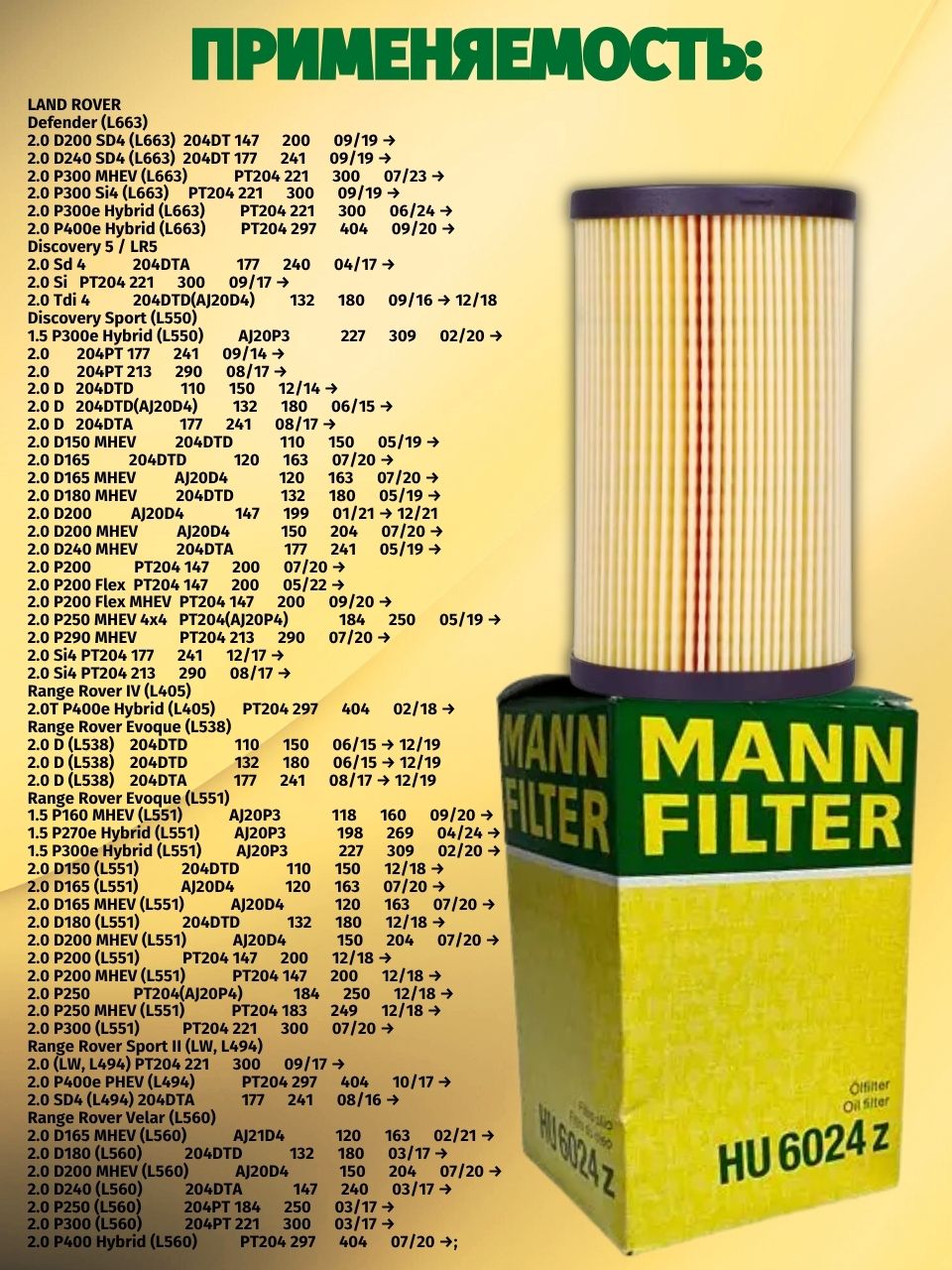 Фильтр масляный MANN HU6024z ( HU6024/1z) для LAND ROVER Defender, Discovery 5, Sport, Range Rover IV, Evoque, Sport II, Velar R073669, JAGUAR E-Pace, F-Pace, F-Type, XE, XF, XF Sportb JDE37128
