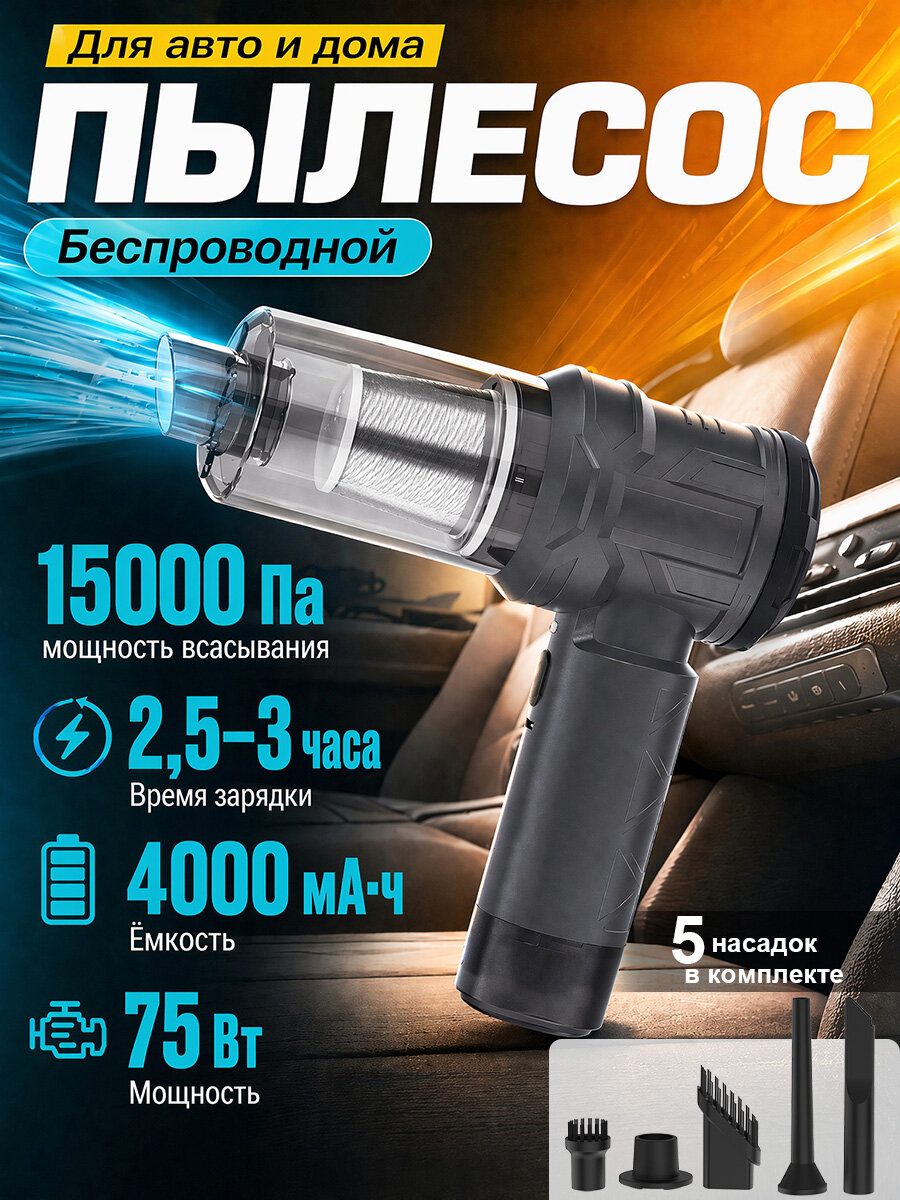 Пылесос для автомобиля, беспроводной ручной, аккумуляторный,15000 Па мощный, 4000 мАч