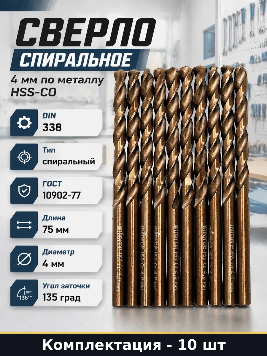 Сверло спиральное 4 мм по металлу набор 10 шт HSS-CO