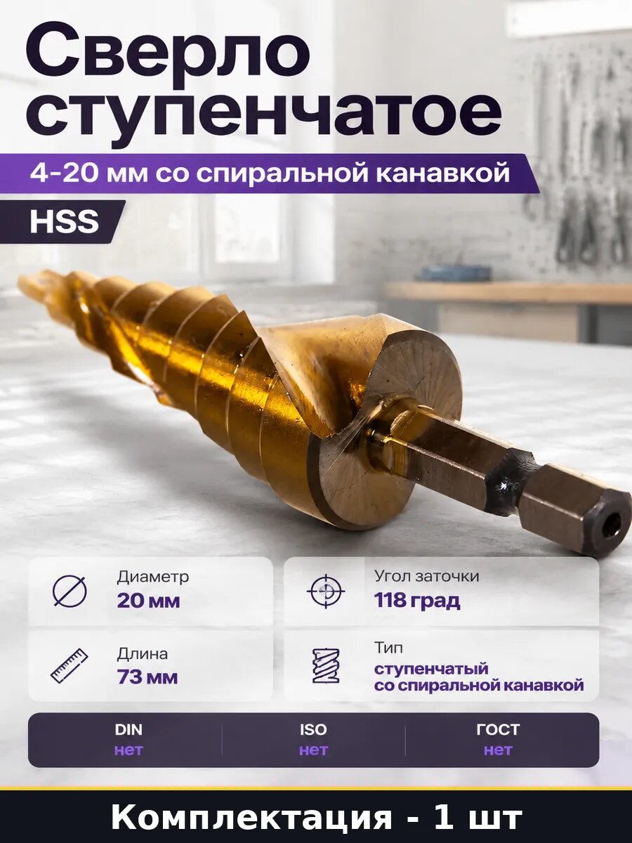Сверло ступенчатое 4-20 мм со спиральной канавкой HSS