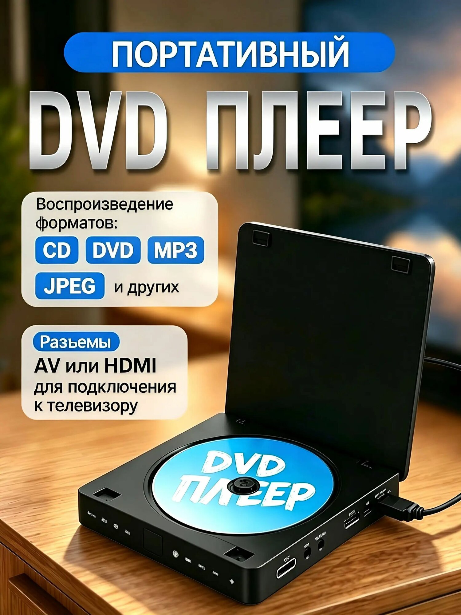 DVD-плеер к телевизору с HDMI 1080P, мини ДВД проигрыватель дисков DVD/CD с USB для дома и дачи, компактный медиаплеер