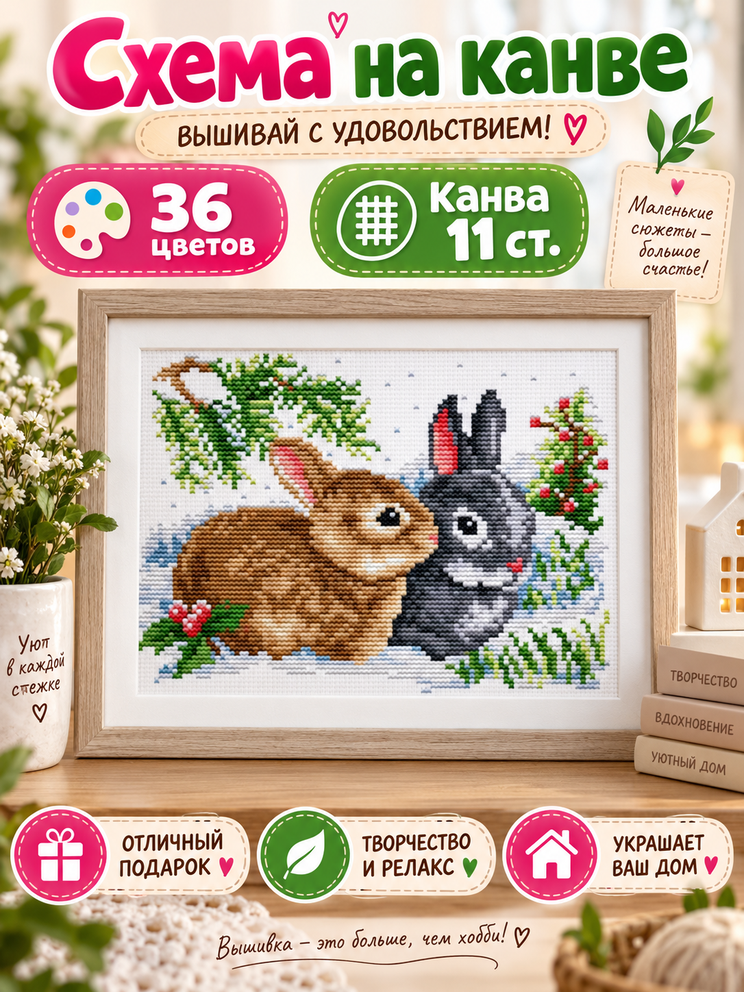 Набор для вышивания крестиком рисунок на канве / Зайчики / 28*22 см