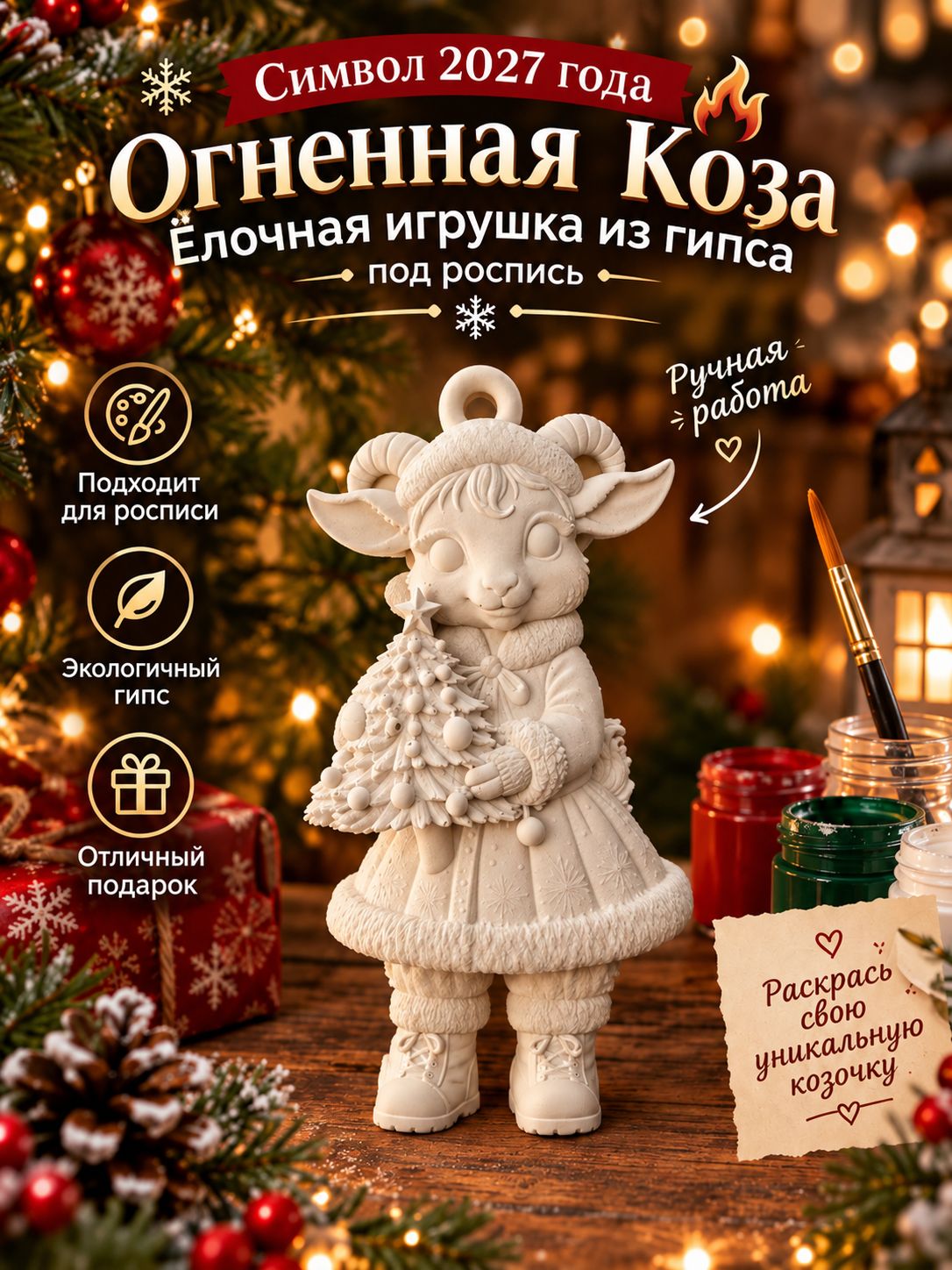 Фигурка из гипса под роспись Огненная Коза символ 2027 года / елочная игрушка,2 д