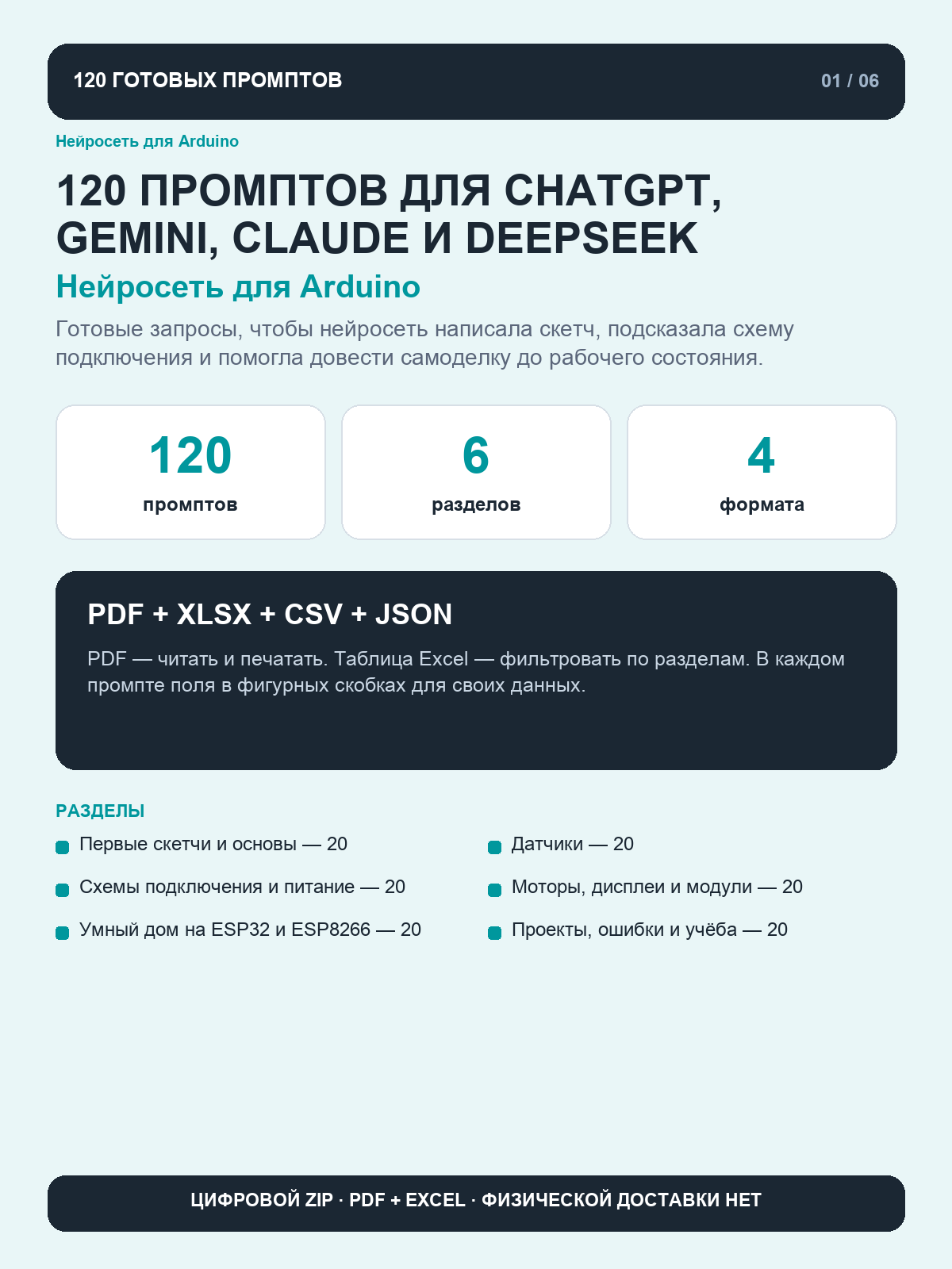 Промпты для Arduino: 120 готовых запросов для ChatGPT, Gemini, Claude и DeepSeek, цифровая книга PDF A4