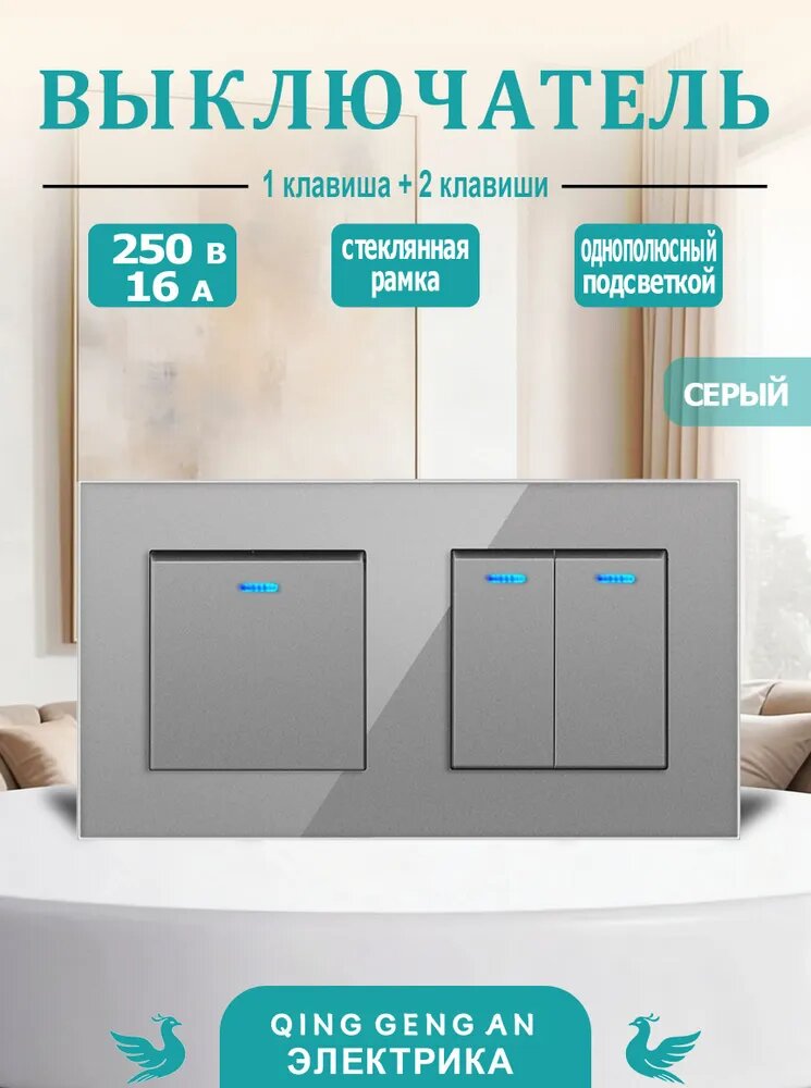 Механический выключатель со светодиодной подсветкой, 2 поста (1 клавиша + 2 клавиши), стеклянная рамка 157x86 мм, серая.