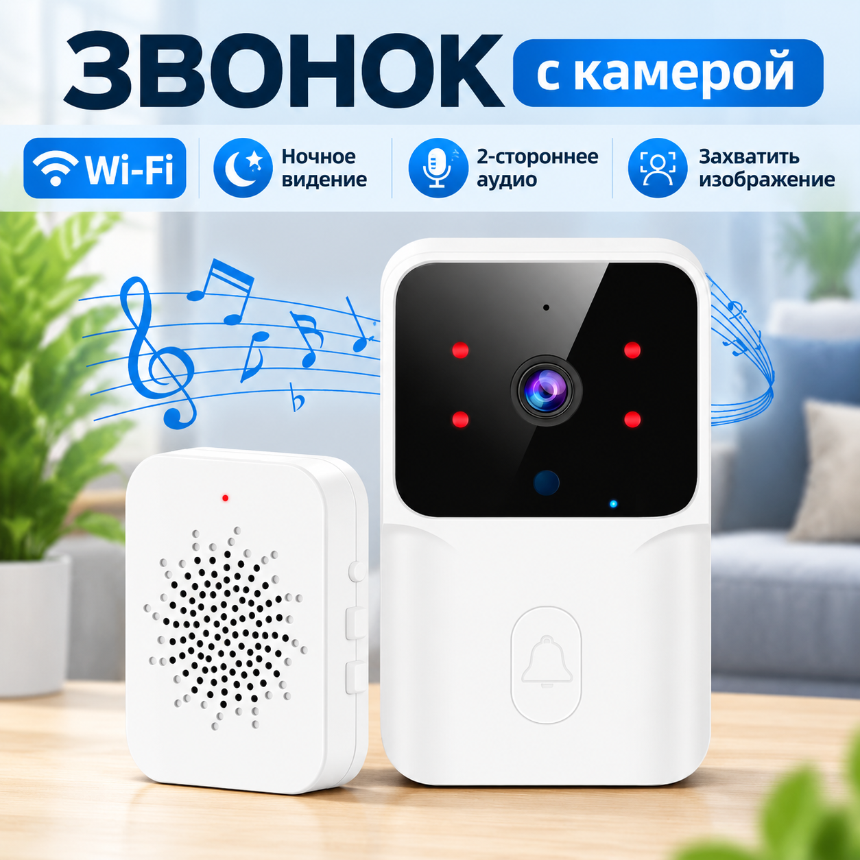 Умный дверной звонок с Wi-Fi камерой, видеозвонок, 1 шт, для дома, HD ночное видение, двусторонняя связь, аккумулятор