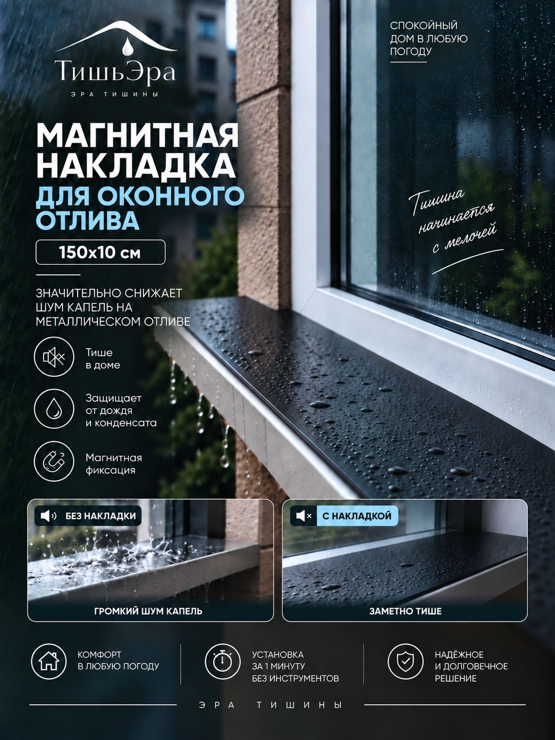 Шумоизоляция для отлива окна 150х10 см, магнитная накладка, черная