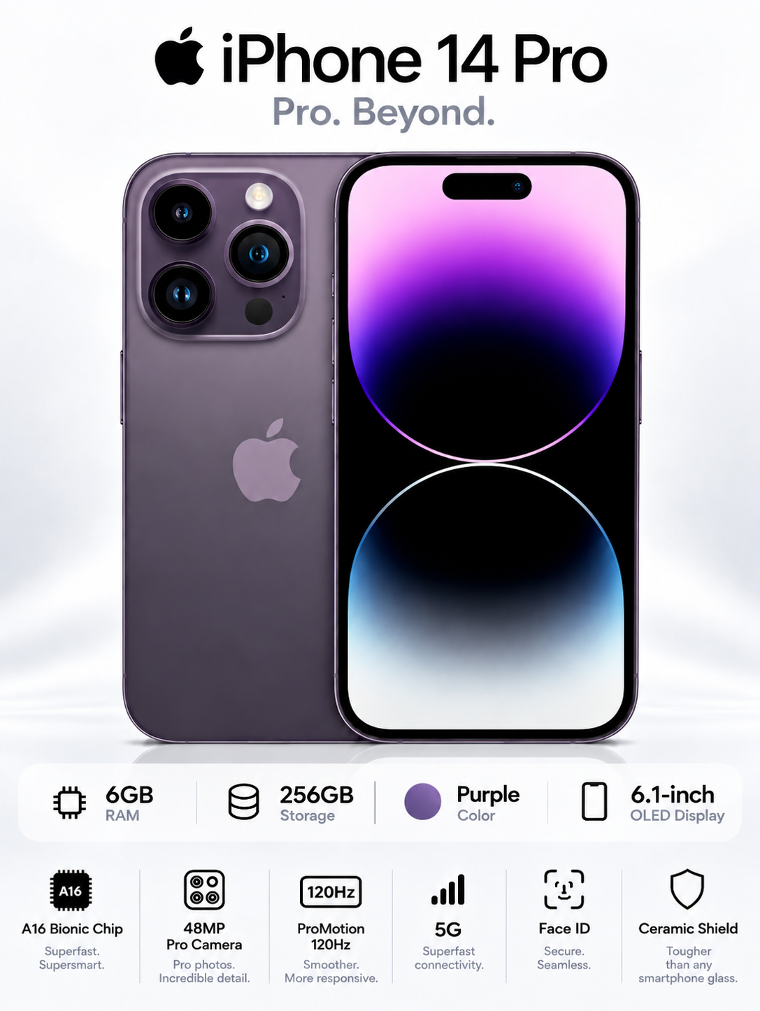 Смартфон Apple iPhone 14 Pro, 6/256 ГБ, фиолетовый, OLED 6,1 дюйма