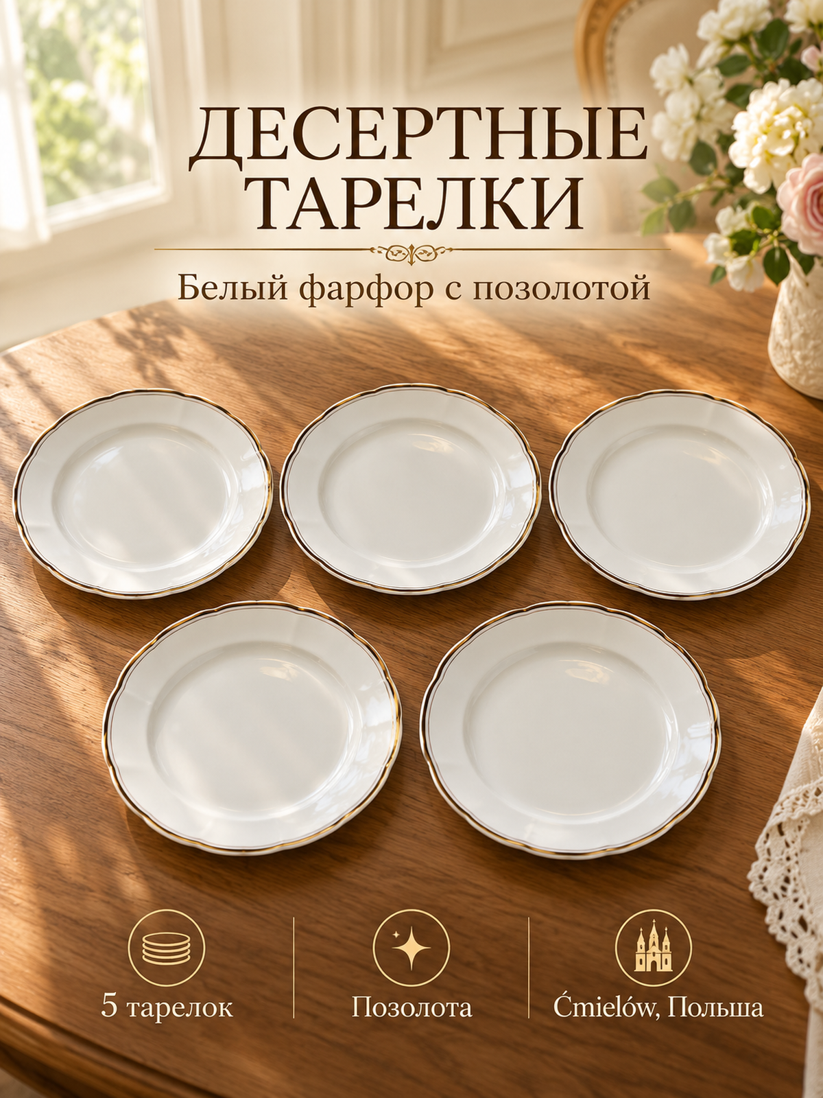 Тарелки десертные фарфоровые набор из 5 штук белоснежный фарфор с позолотой, винтаж Cmielow made in Poland, Польша 1951-1990 гг