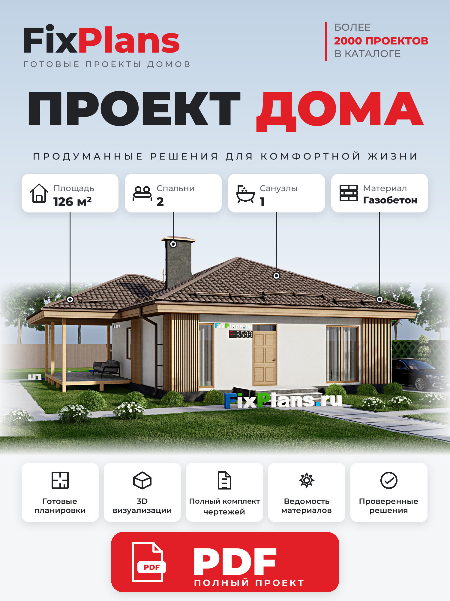 Проект дома FIXPLANS. Одноэтажный. Площадь 122.98 м2 F-3599 Размер 15.11 х 10.3