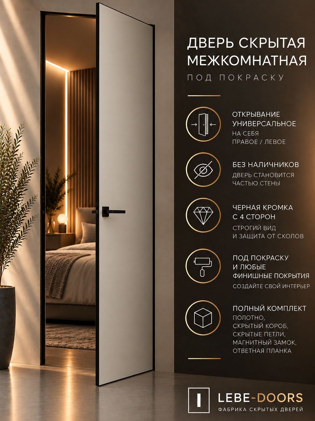Скрытая межкомнатная дверь INVISIBLE 600 2000 под покраску, на себя, правая/левая, черная кромка, комплект
