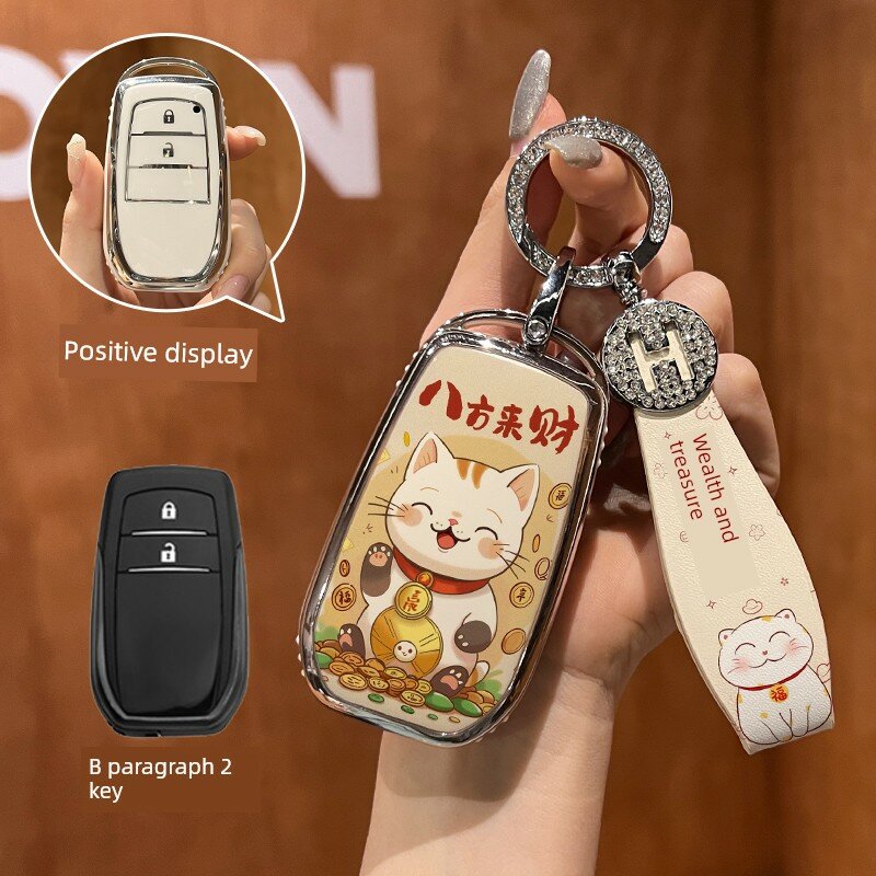 Ключевой брелок Toyota B-серии 2-кнопочный с дизайном счастливого кота и браслетом с алмазным H-прозрением, защита