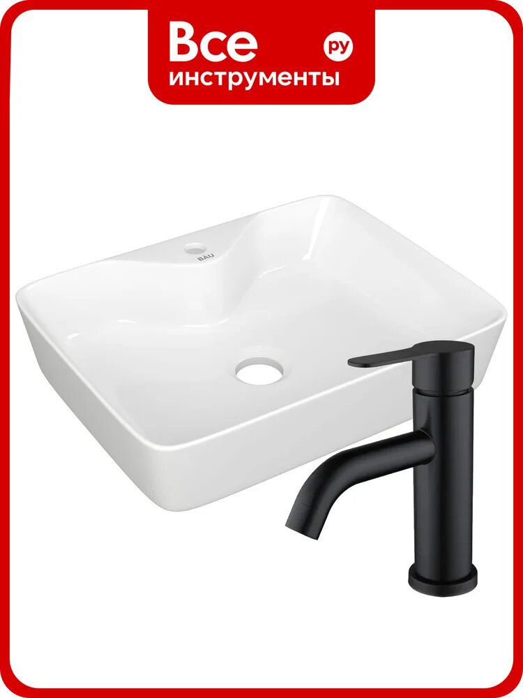 Раковина для ванной накладная прямоугольная Bauedge BAU Cerama 48x37, белая + смеситель Dream Black, черный BH1236
