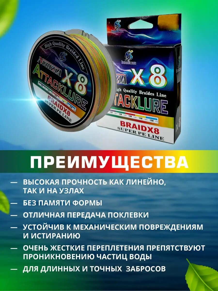 Плетеный шнур для рыбалки 8 жильный, леска плетенка рыболовная для удочки, 100 м, 0.10 мм — фото 1
