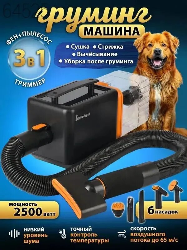 Nicedopet Многофункциональный набор для груминга с феном компрессором для животных, пылесосом и триммером. Машинка для стрижки животных, щетка, дешеддер, насадка для уборки, вакуумный сбор шерсти
