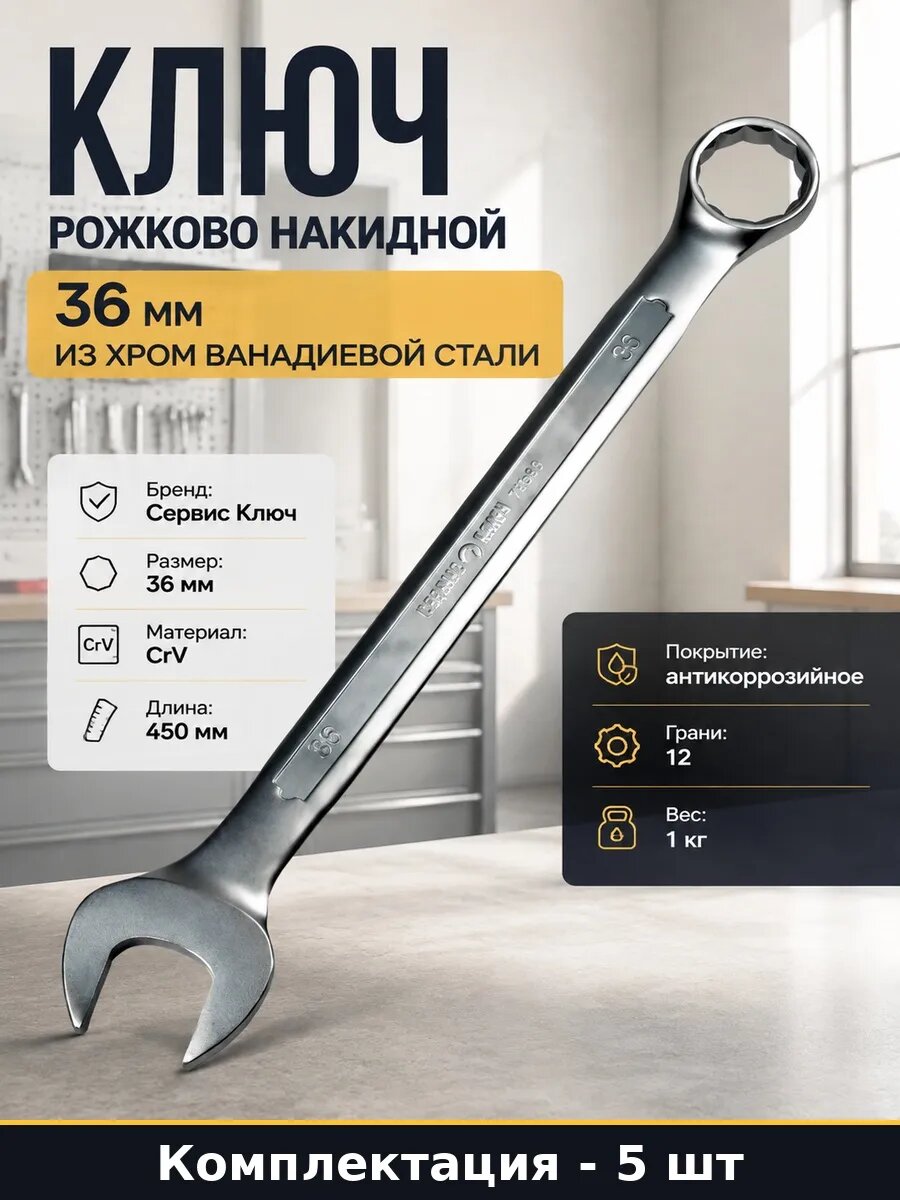 Набор 5 шт Рожково накидной ключ 36 мм 450 мм CrV 12 гранный