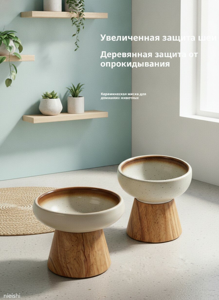 Ортопедическая керамическая миска для кошек и собак с дубовой подставкой для воды корма консервов высокая чаша