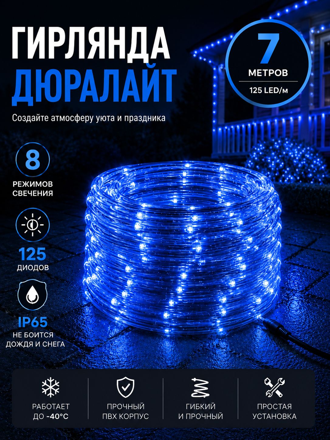 Гирлянда уличная Дюролайт 7м синий