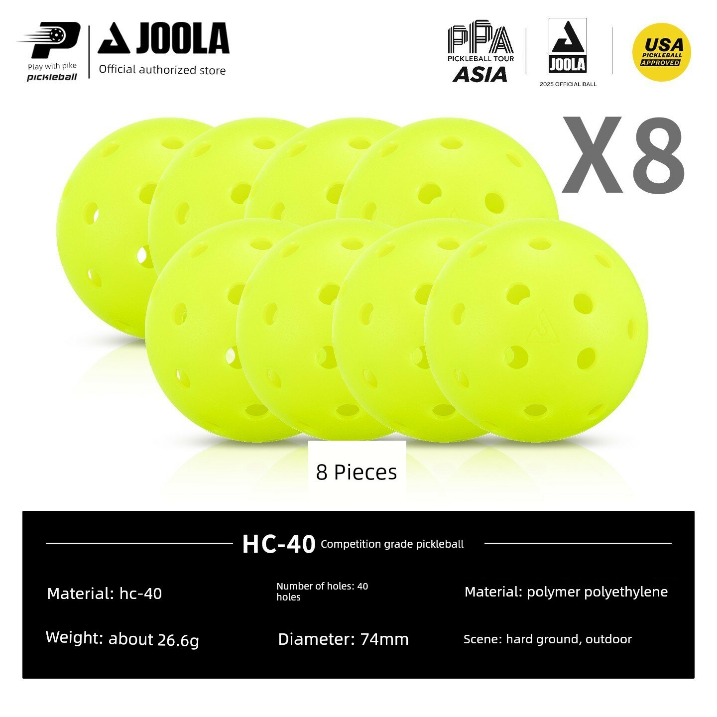 JOOLA HC40 Пиклболы 40-дырочный USAPA сертифицированный профессиональный турнирный уровень 8 шт рассыпной