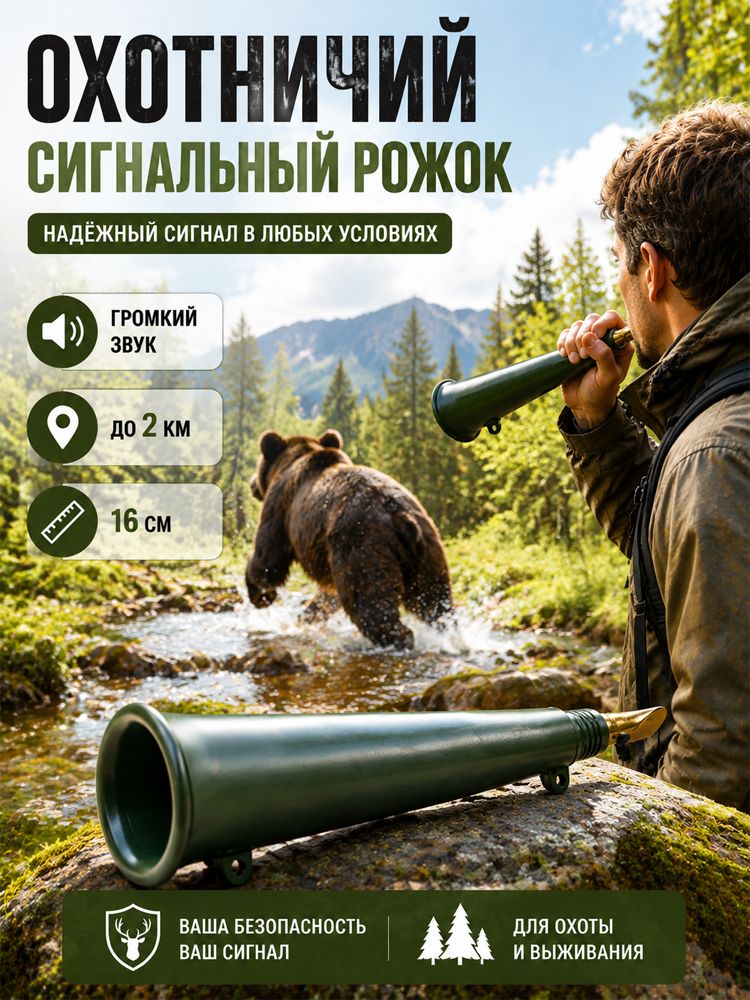 Рожок сигнальный охотничий, 16 см, зелёный