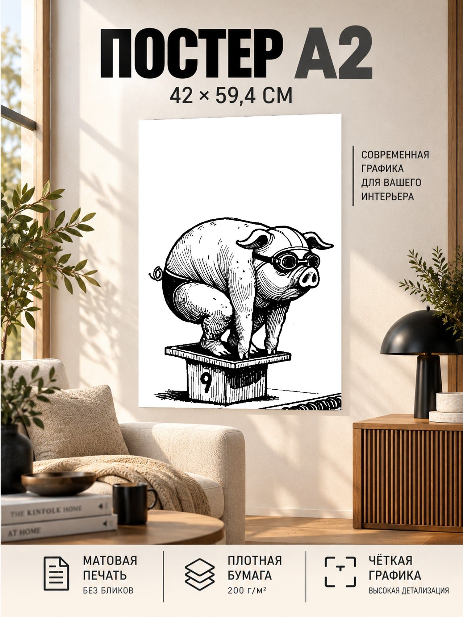 Постер Свинья-пловец на старте , черно-белая графика, А2 (42 59 см)