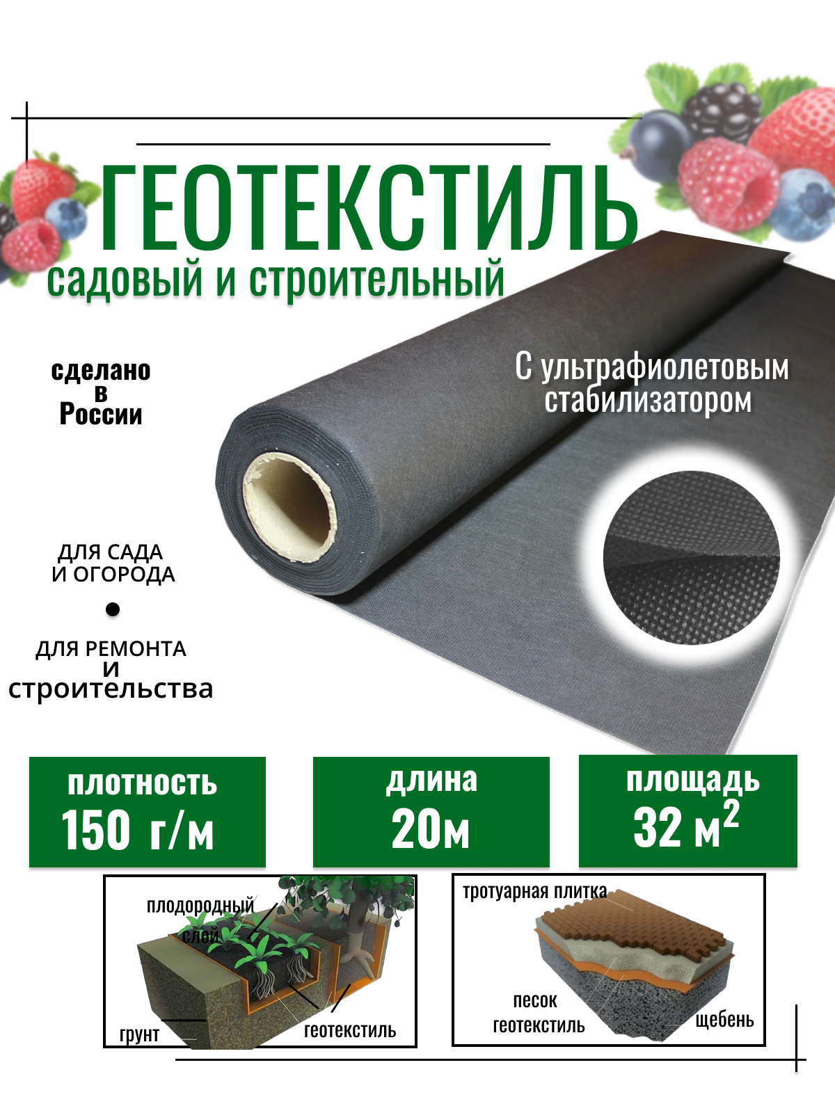 Геотекстиль черный от сорняков для сада и стройки 150 г/м2 1,6х20 м
