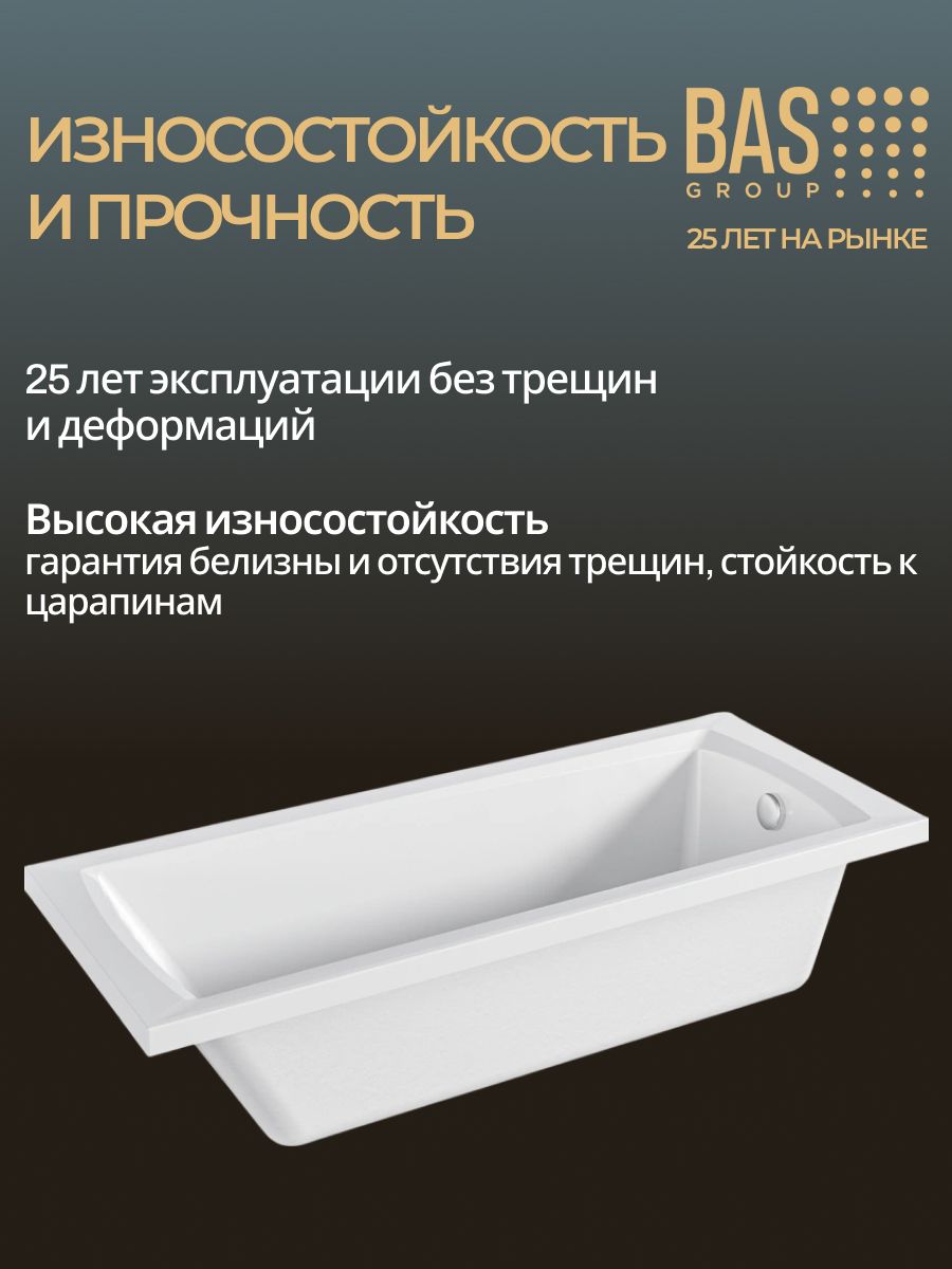 Ванна акриловая 170х70 BAS Аликанте прямоугольная, пристенная, белая, без каркаса — фото 1