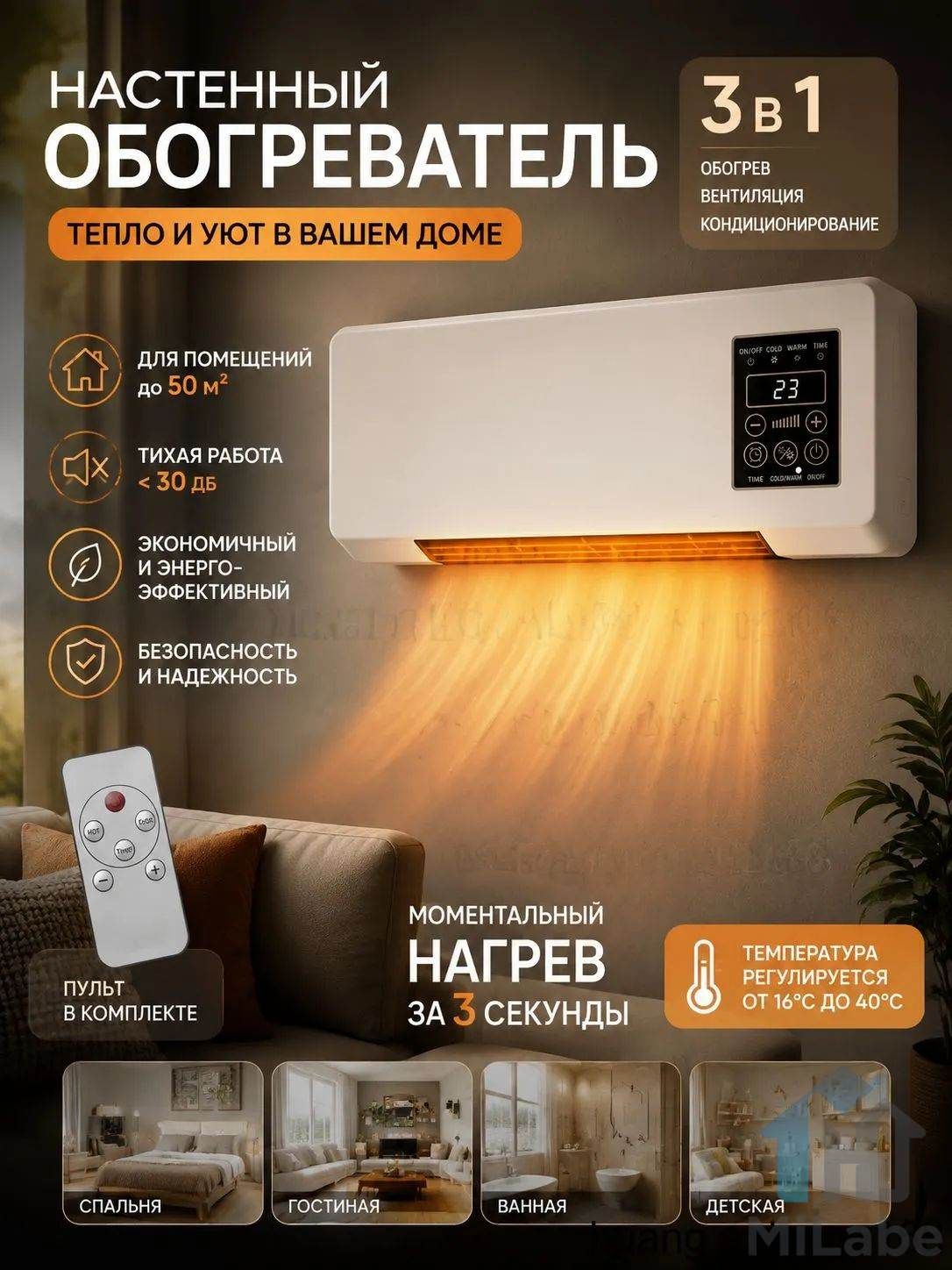 Обогреватель для дома настенный электрический, 2000W, 50 кв. м