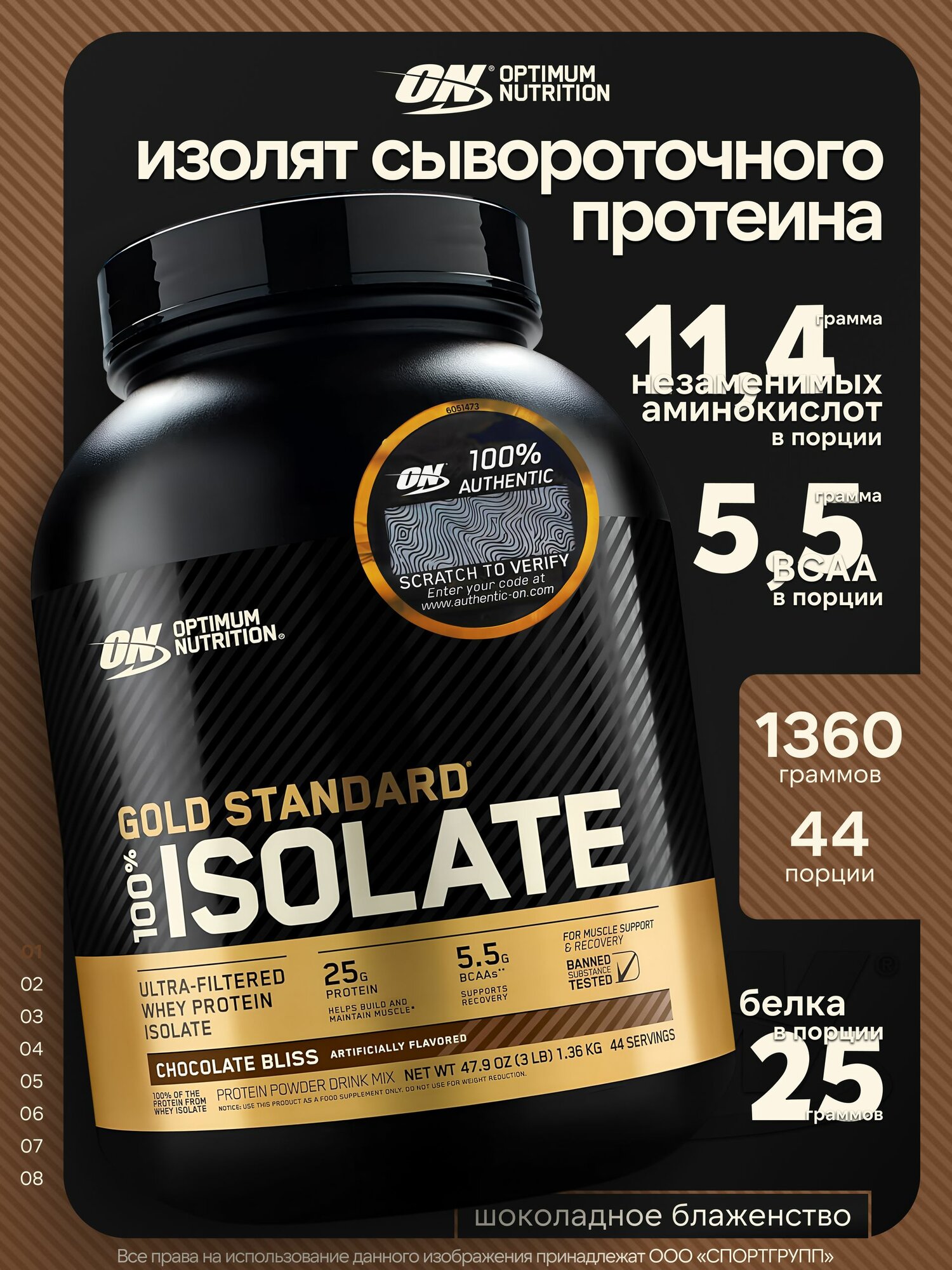 Изолят сывороточного протеина Optimum Nutrition Gold Standard 100% Isolate1360 грамм, Шоколадное Безумие44 порций